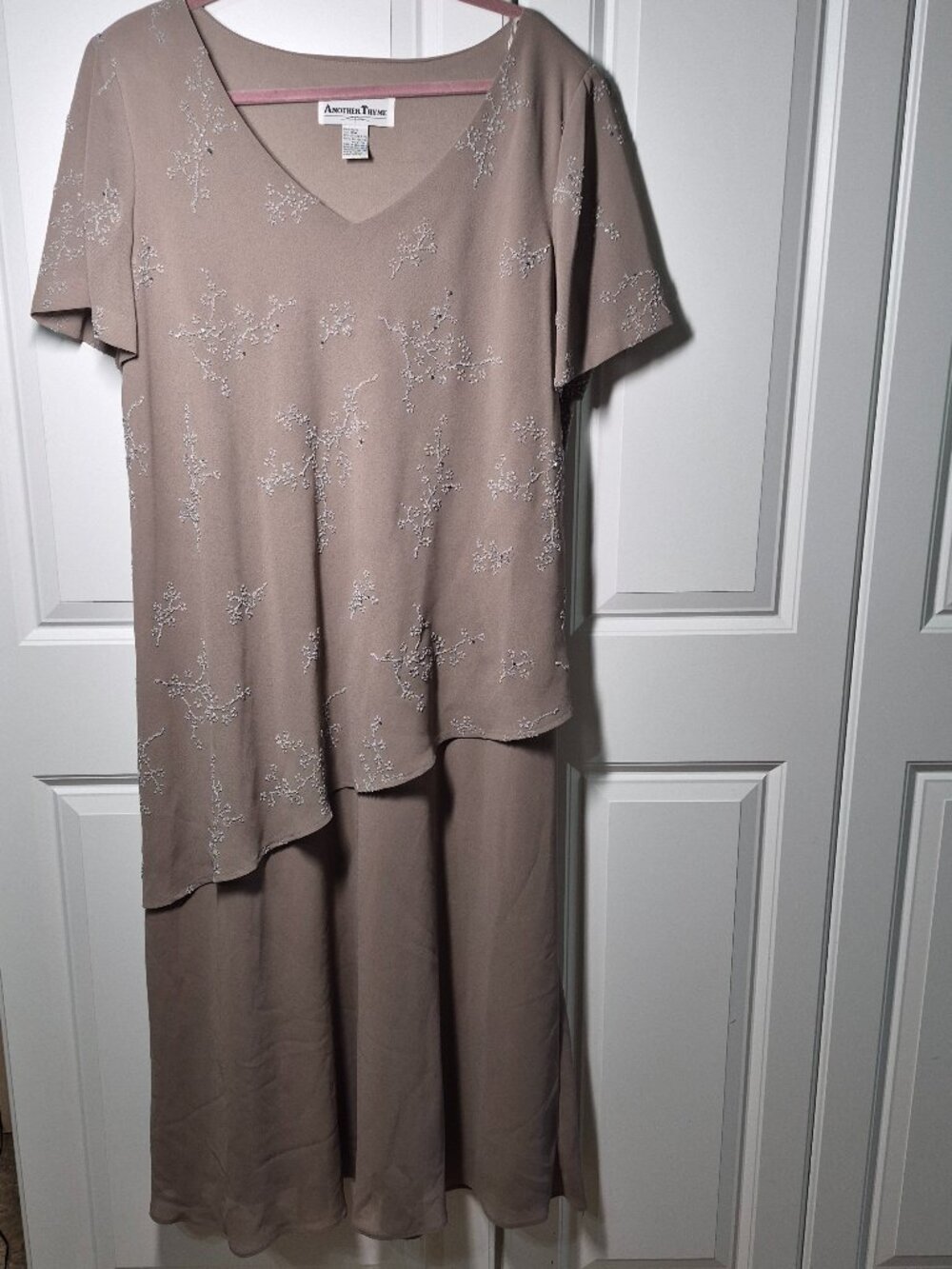 Another Thyme Dress SZ 18W Estilo 4392 Elegant Tiny Beads Greige Bride or Mother